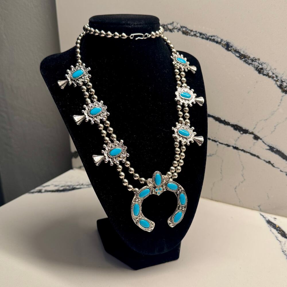Southwestern Faux Turquoise Squash Blossom Naja Statement Necklace